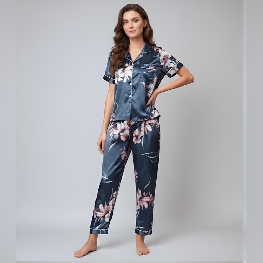 Floral Satin Pyjama Set Blue - Picture 1 of 6